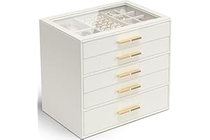 Vlando Jewellery Organiser,Glass Lid Jewellery Box with 5 Drawers for Ring, Necklace, Earring, Bracelet,Biryhday Gift for Women,White