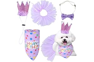 JOSOJOOU 4 PCS Dog Birthday Bandana with Dog Birthday Hat, Crown & Dogs Tutu Set, Girl Dog's Birthday‘s Outfit for Small Dogs Girl for Small And Medium-Sized Dog's Party Decorations (Purple)