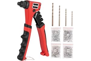 Toolwiz Rivet Gun One-Handed Pop Rivet Gun Kit with 200pcs Rivets, 4pcs Tool-Free Interchangeable Heads and 4pcs Drill Bits - Heavy Duty Hand Riveter for Metal, Wood, Plastic, Leather, Fabric