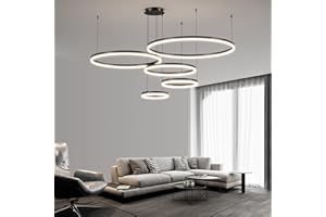 Mikeru Luce a Sospensione Dimmerabile a 5 Anelli, 30+40+60+80+100cm Nero Luce a Sospensione Moderna a LED per Cucina Dal 10% al 100% 3000k/4500k/6500k Plafoniere Moderne Regolabili per Soggiorno