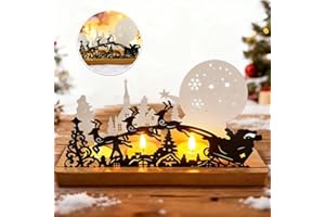 Betensh Portacandele per Corona Avvento, Portacandele Decorativo Natalizio Metallo con Trineo di Renni e Luna Stelle, Base in Legno Stabile 28 x 12.5 x 8 cm, centrotavola natalizio