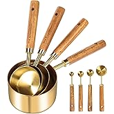 Cuteefun Measuring Spoons and Measuring Cups, 8 Pieces, Wood Handle, Gold | American &amp; Metric Measurements Stainless Steel Po