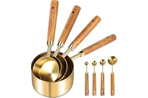 Cuteefun Cucharas y Tazas Medidoras, 8 Piezas, Mango De Madera, con Medidas MéTricas y Estadounidenses, Acero Inoxidable, Acabado Oro Pulido, Medidora Seca y Líquida, para Cocinar Hornear