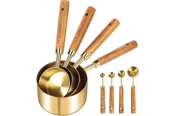 Cuteefun Ensemble De 8 CuillèRes Et Tasses à Mesurer, Manche En Bois, Avec Mesures MéTriques Et AméRicaines, Acier Inoxydable, Finition Polie Or, Tasse à Mesurer SèChe Et Liquide, Pour La Cuisson