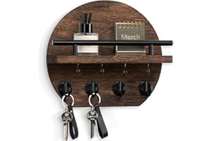 Nekon Key Holder for Wall - 9.8 Inch Apartment Wall Decor with Shelf and 8 Key Hooks, Circular Wood Key Hanger for Home Decor (Brown)