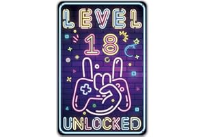 Sinekong Plaque Métal Néon Level 18 Unlocked, Cadeau 18 Ans Anniversaire Garçon, Idée de Cadeau pour Les Gamers pour la Maison Mur Art Chambre Vintage Rétro Affiche Plaque 20 x 30 cm