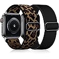 Easuny 2 Pack Elastic Strap Compatible with Apple Watch Strap 38mm 40mm 41mm 42mm, Adjustable Soft Nylon Band for iWatch Series 10 9 8 7 6 5 4 3 2 1 SE Ultra for Women Men, Black/Leopard