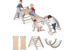GOPLUS 7 en 1 Triángulo de Escalada para Niños de 1 Año, Montessori Escalador con Tobogán Rampa Arco, Juguetes de Escalada de Madera, Slide Aprendizaje para Guardería Casa, Carga 50 kg (Gris Natural)