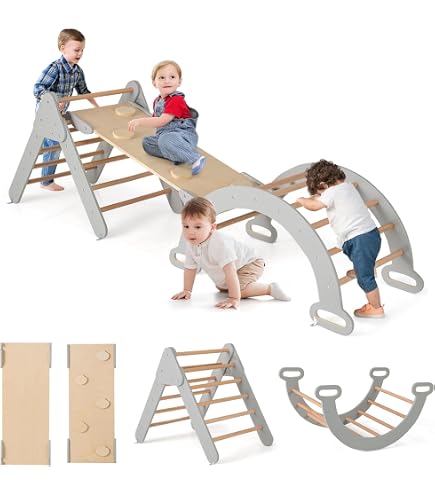 8-en-1 Triangle Et Arche D'escalade Montessori – Bois Hêtre – Pliable – 50 Kg – Grenouille Vert