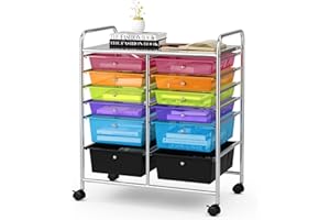 ‎GIANTEX GIANTEX Rollwagen mit 12 Schubladen stapelbar, Schubladenwagen Badrollwagen Küchenwagen mit feststellbaren Rollen, Aufbewahrungswagen Haushaltswagen für Küche Bad Büro 64x38x75 cm (Transparent Bunt)