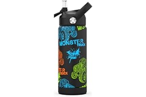 Ntswasd Trinkflasche Edelstahl Strohhalm-Thermosflasche 550ml-BPA Frei-Auslaufsicher-Thermo Wasserflasche für Schule,Sport,Kinder,Fitness(Monster Trucks)