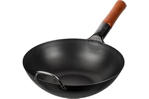 YOSUKATA Woks Et Poêles à Frire 30 cm à Fond Plat Pré-assaisonné Chinois Traditionnel - Wok Acier Carbone Noir Pour Induction, Plaques Électriques, Gaz, Feu Ouvert - Pour Sauté, Barbecue et Camping