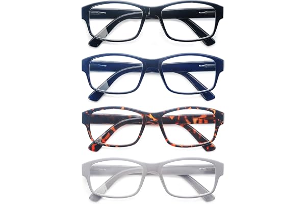 HEEYYOK Lot de 4 paires de lunettes de lecture rectangulaires pour homme avec de grandes têtes, monture robuste, confortable et large