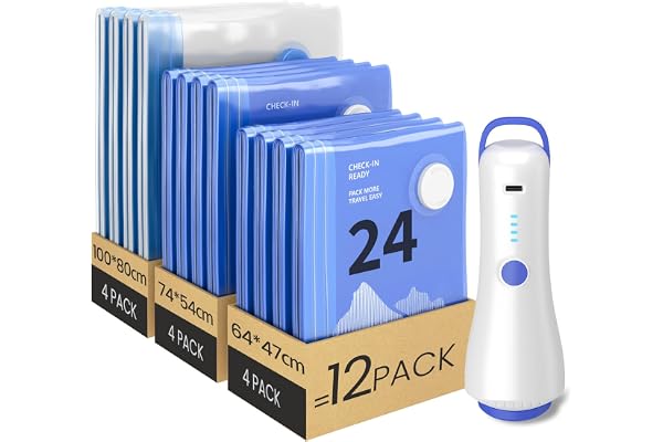 Raplink Paquete de 12 bolsas de almacenamiento al vacío (4 de 100 x 80 cm, 4 de 74 x 54 cm y 4 de 64 x 47 cm) con bomba eléctrica y doble cremallera, impermeables y herméticas.