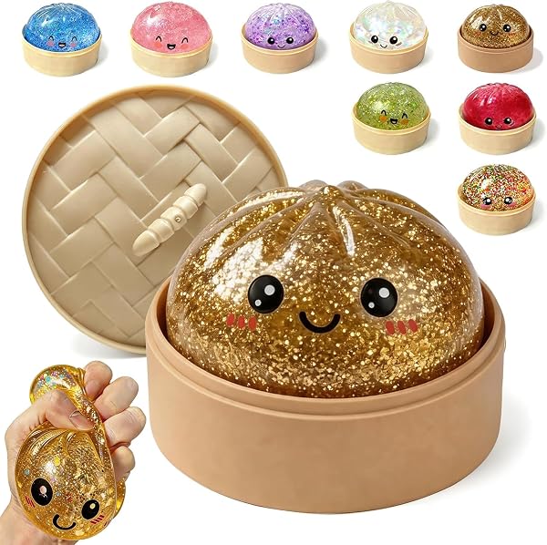 Goal Zone Dumpling Squishy Ball, Glitter Dumpling Mystery Box, Fidget Sensory Toy for Adults,Colorful Dumplings Stress Balls with Food Steamer,Stretchy Desk Toy