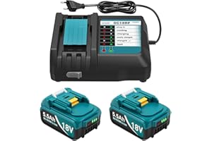DC18RF Ladegerät + 2Stücke Ersatzakku für 18V Akku 5500Ah Kompatibel 18 V Li-Ion Ersatzakku BL1815 BL1830 BL1840 BL1850 BL1860 BL1890 BL1415 BL1430 BL1440