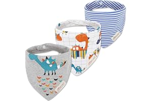 CUTE ON CuteOn Momscare Baby Drool Bibs, Unisex 3-Pack Absorbent Cotton, Triangle Bib with Snaps Gift for Boys & Girls - Asorted (35 Gray Dinosaur)