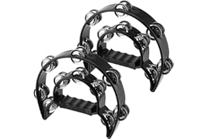 ZOENHOU 2 Stücke Tamburin Kunststoff mit 20 Paar Metall-Schellen, Halbmond Form Schellenring mit Handgriff, Zweireihiges Percussion Instrument für Party, KTV und Bar, Schwarz