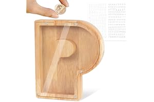 LEcylankEr Tirelire Personnalisée pour Enfants avec Lettres de A à Z en Bois Transparente - Décoration Créative - Cadeaux pour Anniversaire, Noël, Thanksgiving (P)