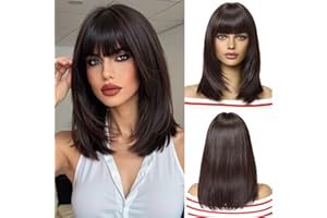 OUFEI Peluca Castaño Oscuro con Flequillo Peluca Corta Lisa para Mujer Pelucas de Pelo Sintético Cosplay Uso Diario Fiesta