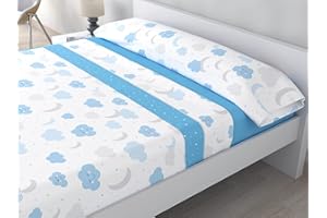 HM'S HOME'SECRET Juego de Sábanas de Verano Microfibra Infantil Modelo Nubes Color Azul. Medidas para Cama de 105 cm (105_x_190/200 cm)