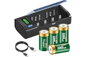 Universell uppladdningsbar LCD-laddare med C-batteri 5000mAh, snabbladdare för AA/AAA/SC/C/D Ni-MH uppladdningsbara batterier, med urladdningsfunktion