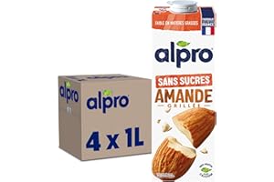 Alpro - Boisson Végétale - Lait d'Amande Grillée Sans Sucres - 1L - Lot de 4x1L