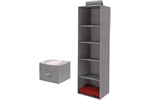 HONEUEUEN Hanging Storage with 5 Shelves Wardrobe Closet Organiser, Hanging Storage Shelves with 1 Removable Drawers, Space-Saving & Foldable Hanging Wardrobe Storage for Bedroom or Garment Rack, Grey