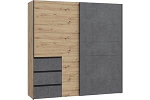 ‎FORTE FORTE WINN 2 Schrank, Kleiderschrank, Schwebetürenschrank mit Schubladen, Schlafzimmerschrank, Holz Dekor: Artisan Eiche mit Betonoptik Grau, 200 cm breit x 200 cm hoch x 61,2 cm tief