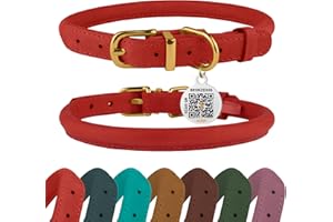 BRONZEDOG Zwijana skórzana obroża dla psa z identyfikatorem QR, regulowana, miękka, okrągła obroża dla małych, średnich i dużych psów, szczeniaków, kotów (klasyczna czerwień, 23-28 cm)