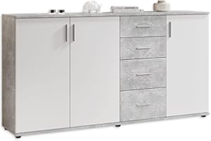 Stella Trading BOBBY, Cassettiera, effetto cemento, bianco, credenza elegante con ampio spazio disponibile per la zona giorno; 160 x 82 x 35 cm, L x A x P