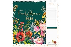 ZOPPER Calendrier familial 2025 – Vue mensuelle – Planificateur familial 2025 à suspendre avec liste de courses et bloc-notes mensuel cinq colonnes pour organiser la famille – Calendrier 2025 – Floral