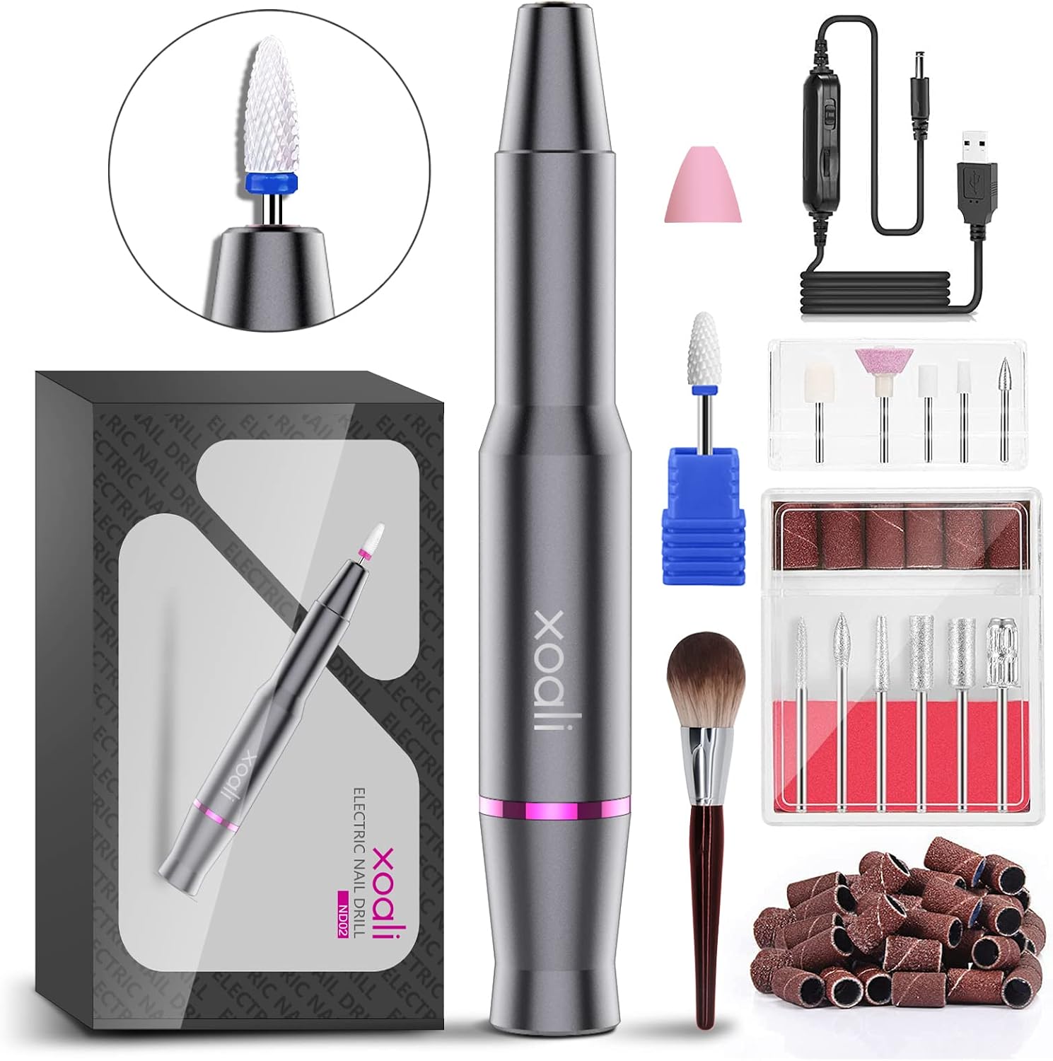 Xoali Torno para Uñas, 25000RPM Torno para Uñas Profesional 12 en 1, Lima Eléctricas Uñas USB con Brocas de Cerámica, Velocidad Ajustable, Manicura y Pedicura Eléctrico Profesional para Salón DIY
