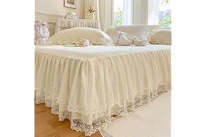 Odot Beige Betthusse 180x200 Bettrock, Weiß Spitzenkante Design Bettvolants mit Rüschen - 40 cm Rock, Baumwolle Bed Skirt mit Gürtel Matratzenschoner