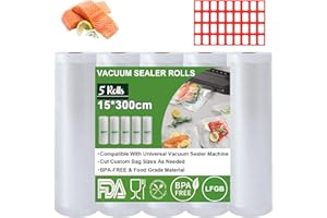 Omtofo Sacchetti sottovuoto, 5 rotoli di pellicola sottovuoto, 15 x 300 cm, rotolo di sacchetti sottovuoto per alimenti, senza BPA, antistrappo, 190 µm, rotolo di pellicola per sottovuoto per tutti i