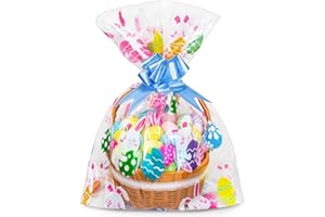 Riceduo 10 Pcs Large Easter Cellophane Basket Bags, 24x30 Inch Big Clear Basket Bags, Large Clear Cellophane Wrap with 10 Pcs Pull Bow for Easter Baskets, Plastic Wrap Gift Bags for Kids Easter Party