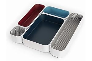 Three by Three Seattle 5 Piece Metal Organizer Tray Set for Storing Makeup, Stationery, Utensils, and More in Office Desk, Kitchen and Bathroom Drawers (2 Inch, Blue Berry and Stripes)