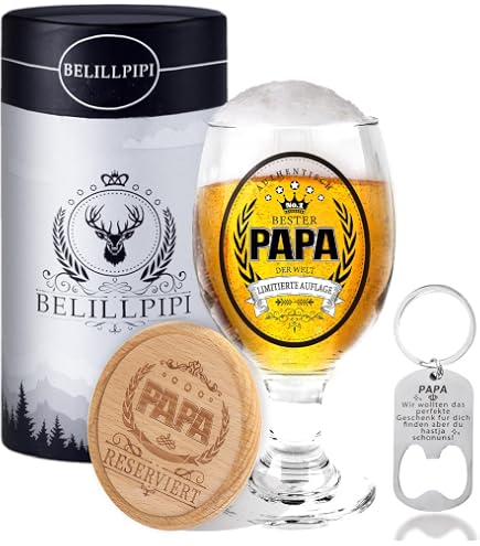 Personalisiertes Bierglas „SUPER PAPA“ – 0,5 Liter Mit Bambusuntersetzer (Vatertagsgeschenk)