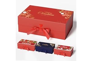 GIFTSAY Christmas Magnetic Gift Boxes with Golden Pattern，32.2 X20.3 X11.4 CM Red Unique Design Christmas Boxes with Lids for Gifts，large Paper Gift Box for Christmas Wrapping Gifts（1PC-Thicken）