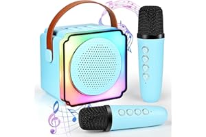 CARASTEK Karaoke per Bambini con 2 Microfono Wireless Karaoke Caraoke Bluetooth Portatile per Bambini Adulti Altoparlante Karaoke Ricaricabile con Luci LED Regalo per Bambini Giocattolo Cambia Voce (Blu)