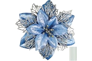 Yueshop 10PCS Artificial Flowers Christmas Glitter Three Layer Floral Accessories for Christmas Tree Ornaments Xmas Garland Wreath DIY Decorations (Blue)