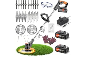 Wrneaoch 21V Strimmer Cordless Grass Trimmer, 90° Head pivots Cordless Strimmer with 2Pcs 2.0Ah Batteries and Charger - for Garden Clearing Weeds Flower Trees