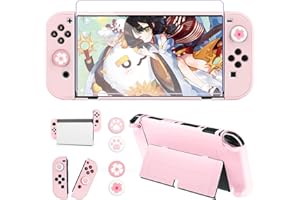 OLDZHU Coque Rose Compatible avec Nintendo Switch OLED,Coque de Protection Ultra Fine Rose Étui pour Console NS OLED et Contrôleur,avec Protection Ecran Verre Trempé et 4 Poignées Couvre Pouce