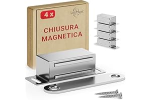 LouMaxx Chiusura Magnetica Ante Forte - Forza di Tenuta 6kg - Set di 4 in Acciaio Inox – Calamita Chiusura Mobili – Chiusura Porta Magnetica – Chiusure Magnetiche Sportelli, presa salda