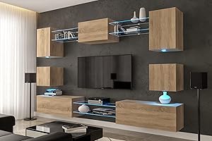 Furnitech AN1 Nawara New Pareti attrezate, Soggiorno moderno, Set mobile TV, Armadio moderno, Pensile (Led bianco, AN1-17S-M3-1A-NEW)