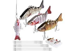 Annyswit 3 Pcs Multi Jointed Bass Pike Fishing Lures with 15cm&25cm&30cm Wire Traces & Storage Box Pike Lures Set 7 Segment 3D Artificial Fishing Tackle with Hooks Slow Sinking Lure with Wobbler