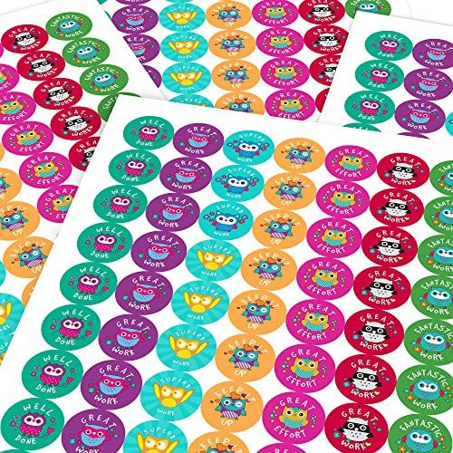 Colourful Owls Teacher's Reward Sticker Labels Children Parents Teachers Kids Party (2.5 cm x 140 / 2, A4 Sheets)