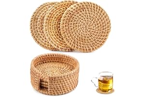 LA DESIRE Rattanowe podstawki, zestaw 6 ręcznie tkanych podstawek na kubki z uchwytem, okrągłe naturalne rattanowe maty na kubki do napojów, filiżanki do herbaty, podkładki splot, mata na kubek, dekoracyjny uchwyt na kubek na napoje kuchenne