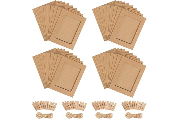 Fotogirlang 40 stycken fotogirlang papper bildram kraftpapper 10 x 15 fotoram med 40 stycken träklämmor 10 hamparep 15 cm foton hängande för födelsedag bröllop fest (kraftpappersfärg)