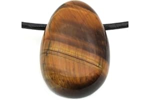 LAKADA Véritable pendentif en oeil de tigre en forme de goutte avec ruban en coton ciré - Pierre de tambour percée - Fermeture rotative en acier inoxydable